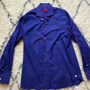 Isaia Napoli Shirt Size 17.5 Blue and Red Check Brushed Cotton